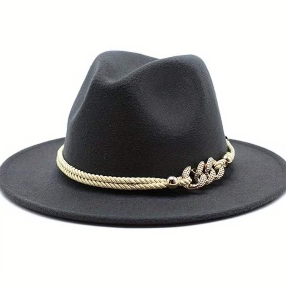Elegant Black Women’s Hat with Cream Rope and Gold Accent Size 57 Medium NWT